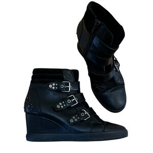 Geox Black Wedge Ankle Boots with Buckle Straps and Stud Detail